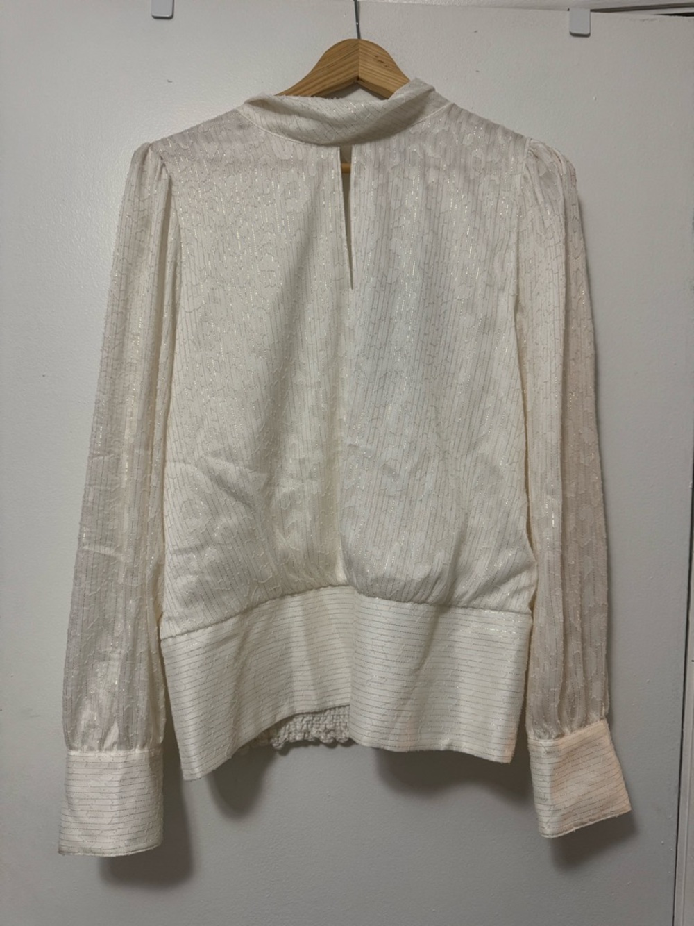 Karl Lagerfeld Cream Metallic Long-Sleeve Blouse with Mock Neck